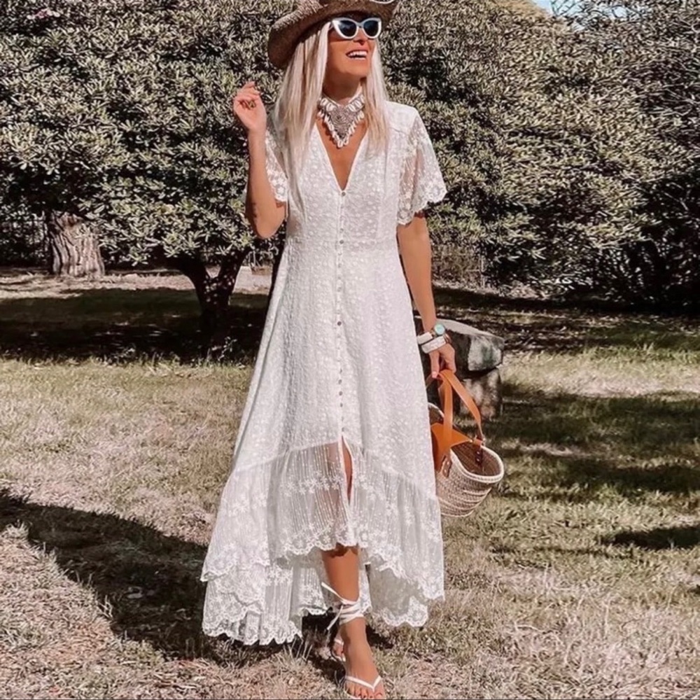 Bella Stitch Ivy And Lace Boho Button Front Maxi Dress In Allover Lace, Lined - Picture 3 of 9